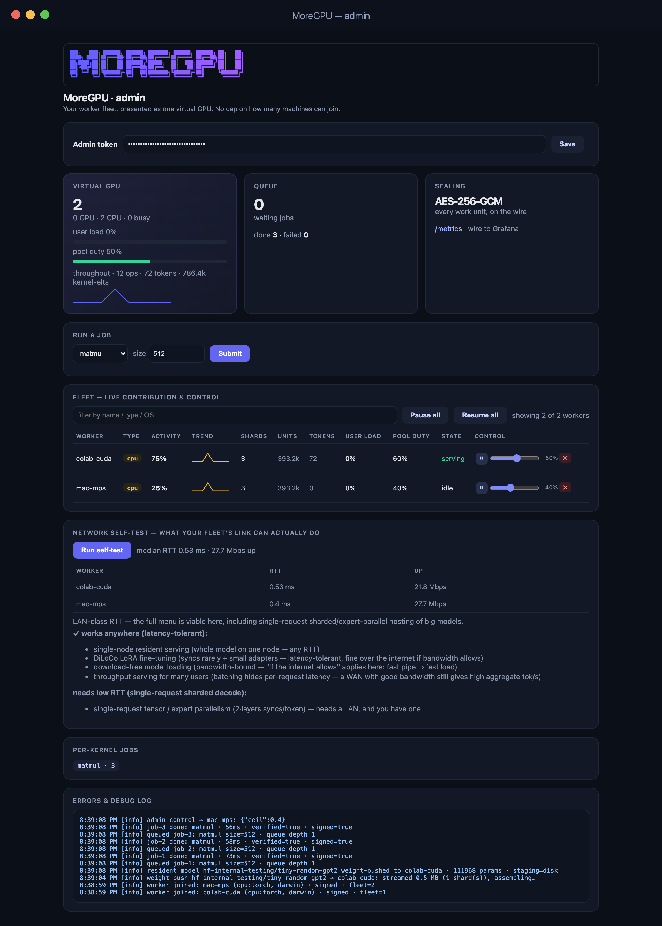 MoreGPU admin dashboard — virtual GPU slot, live per-worker contribution and trend sparklines, per-kernel jobs, and the error/debug log